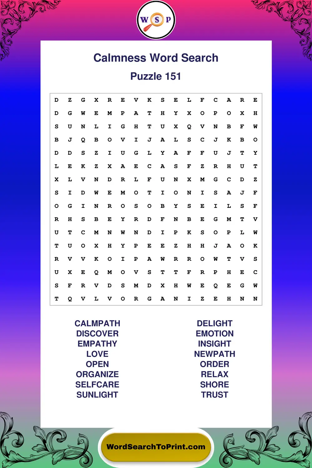 Calmness Word Search Puzzle 151