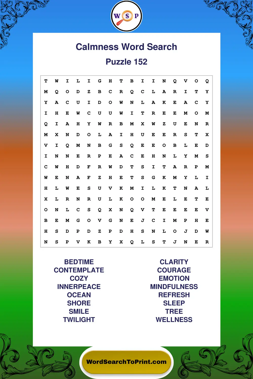 Calmness Word Search Puzzle 152