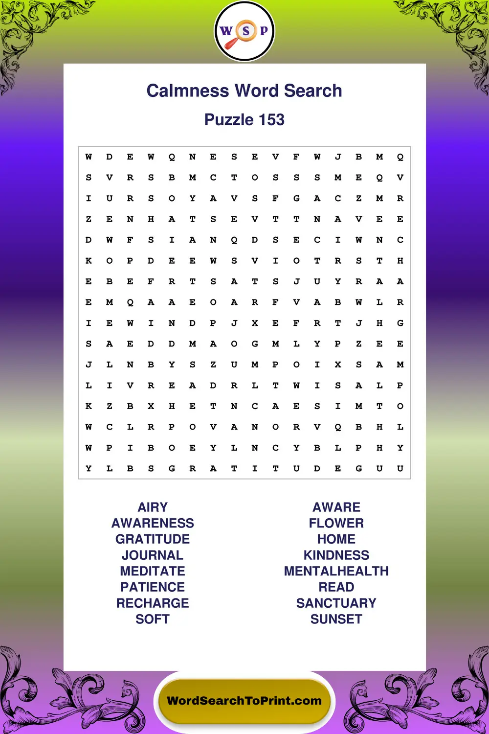 Calmness Word Search Puzzle 153