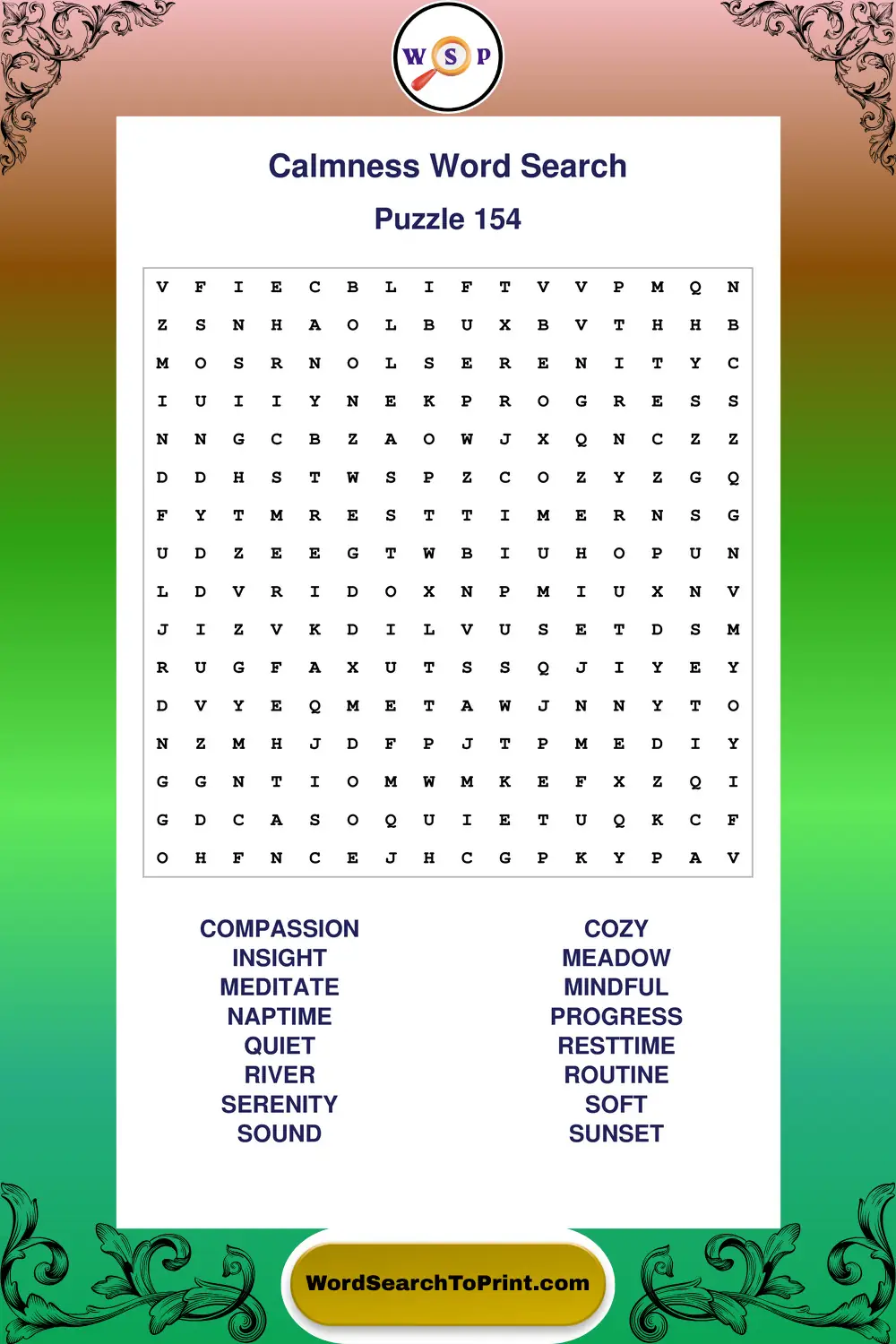 Calmness Word Search Puzzle 154
