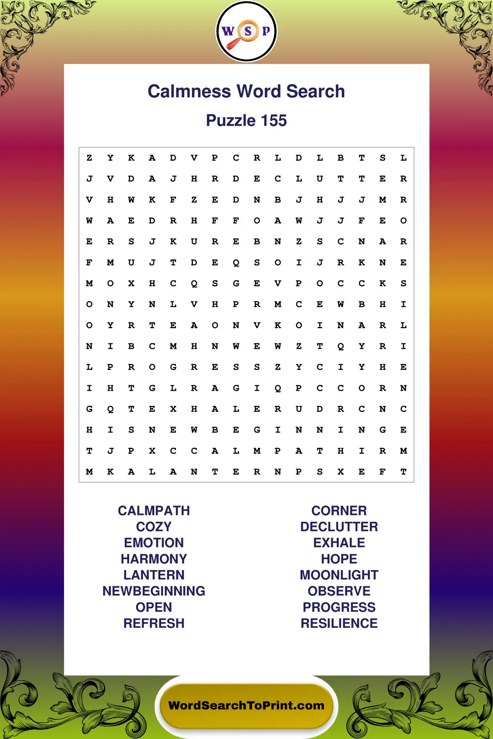 Calmness Word Search Puzzle 155