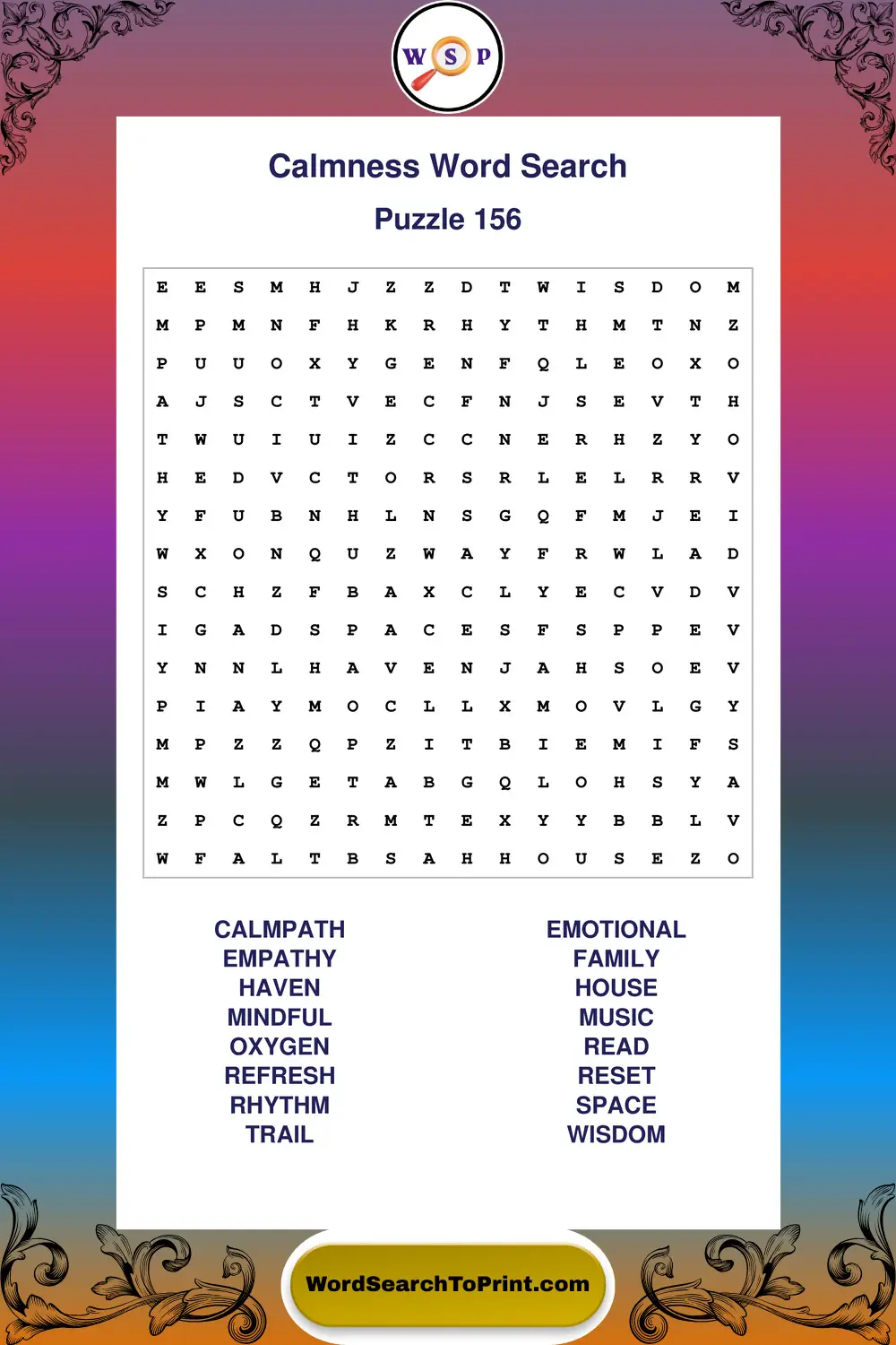 Calmness Word Search Puzzle 156