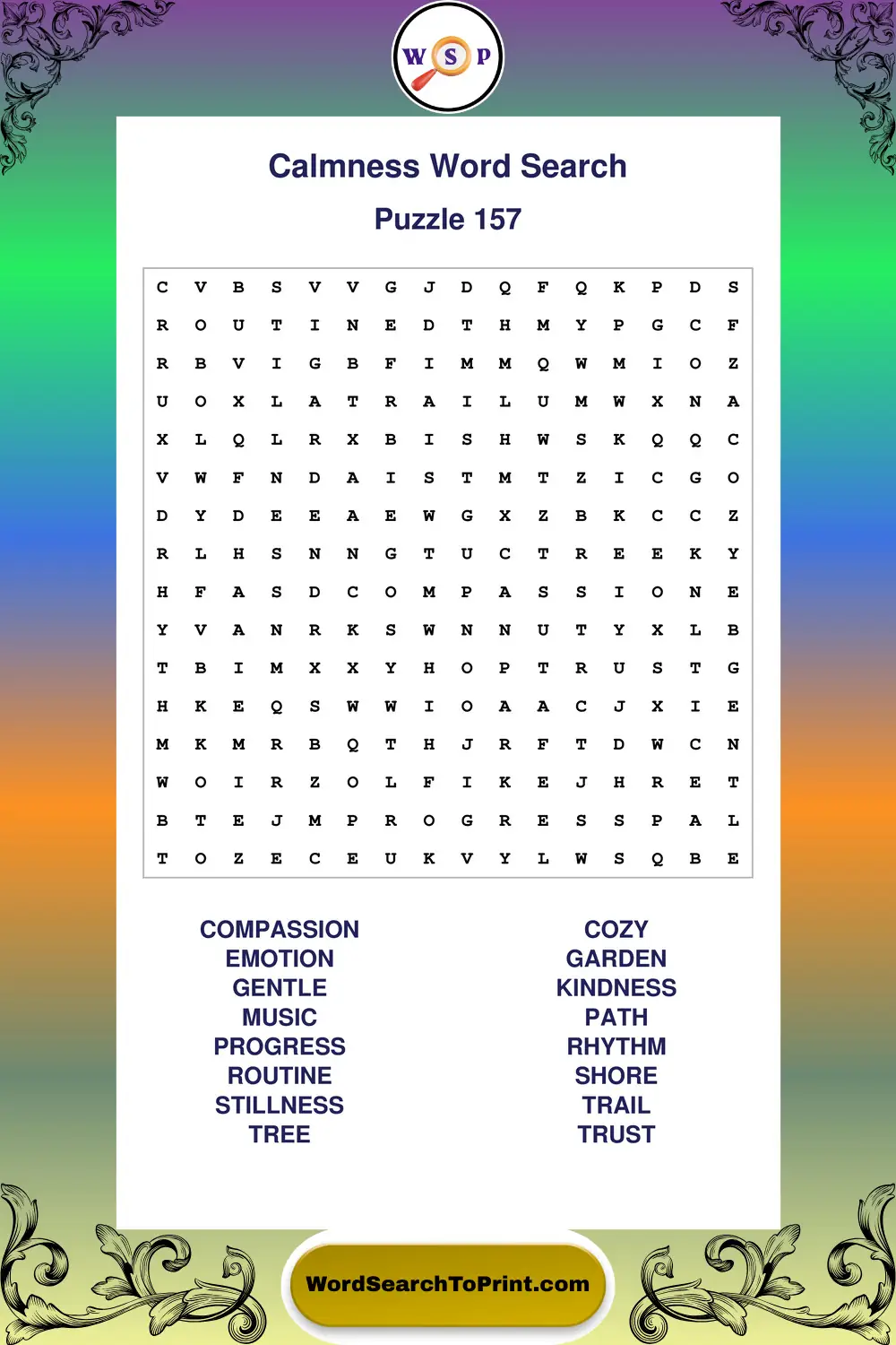 Calmness Word Search Puzzle 157