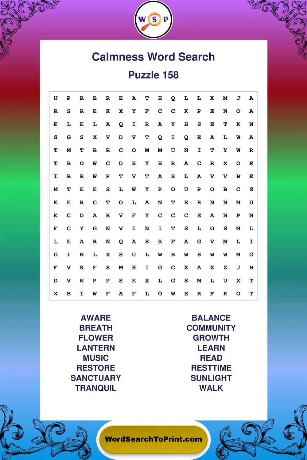 Calmness Word Search Puzzle 158
