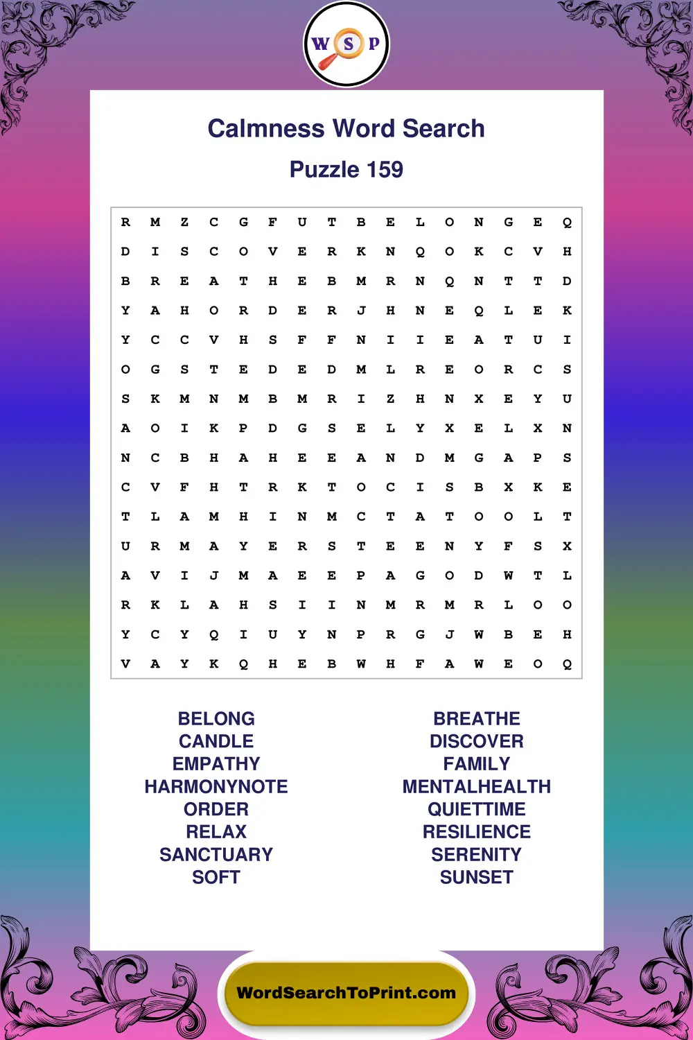 Calmness Word Search Puzzle 159