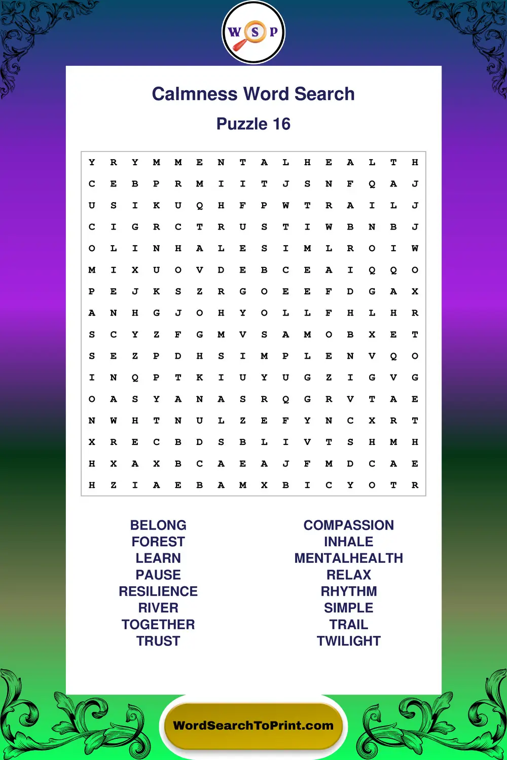 Calmness Word Search Puzzle 16