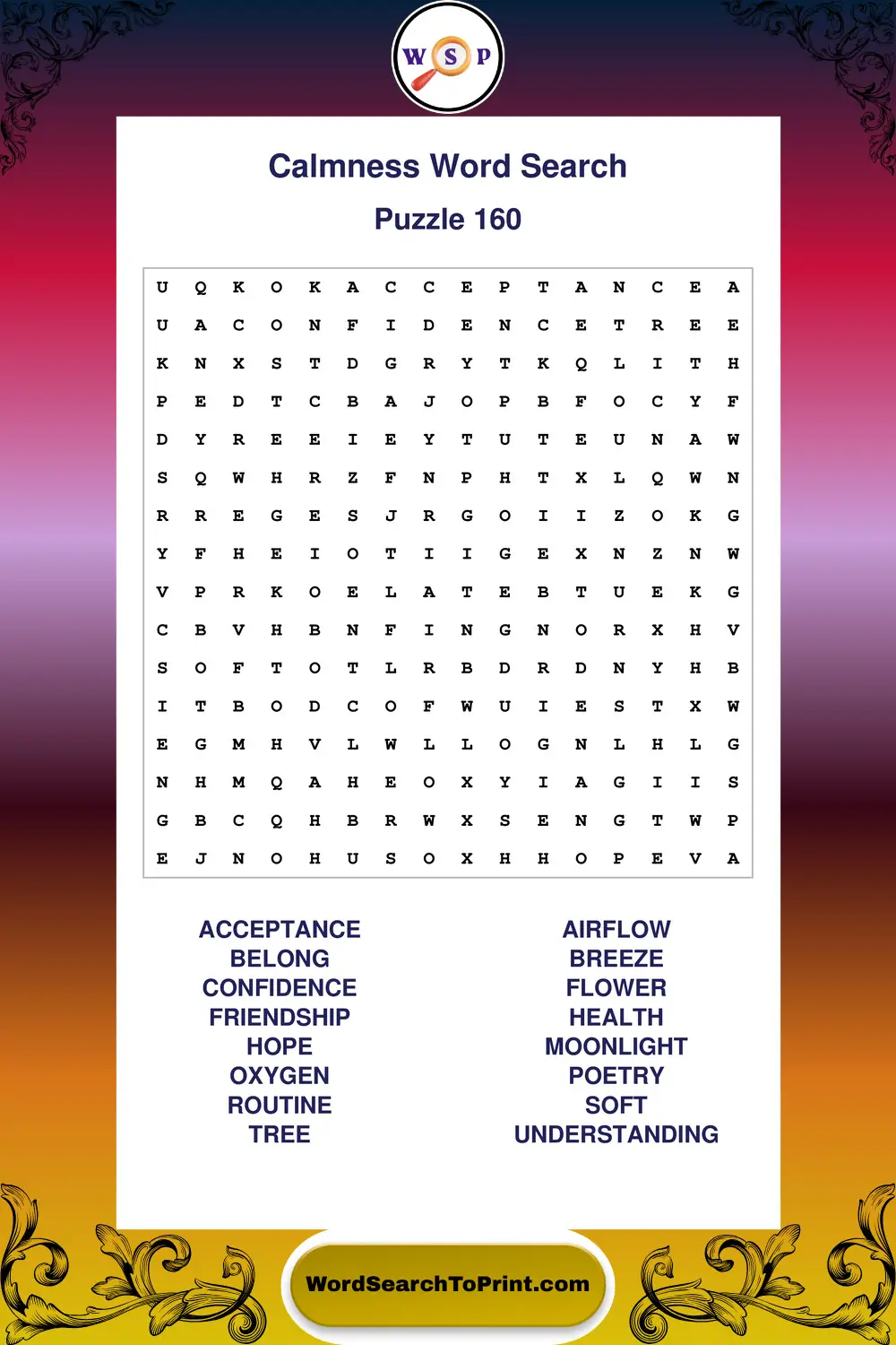 Calmness Word Search Puzzle 160