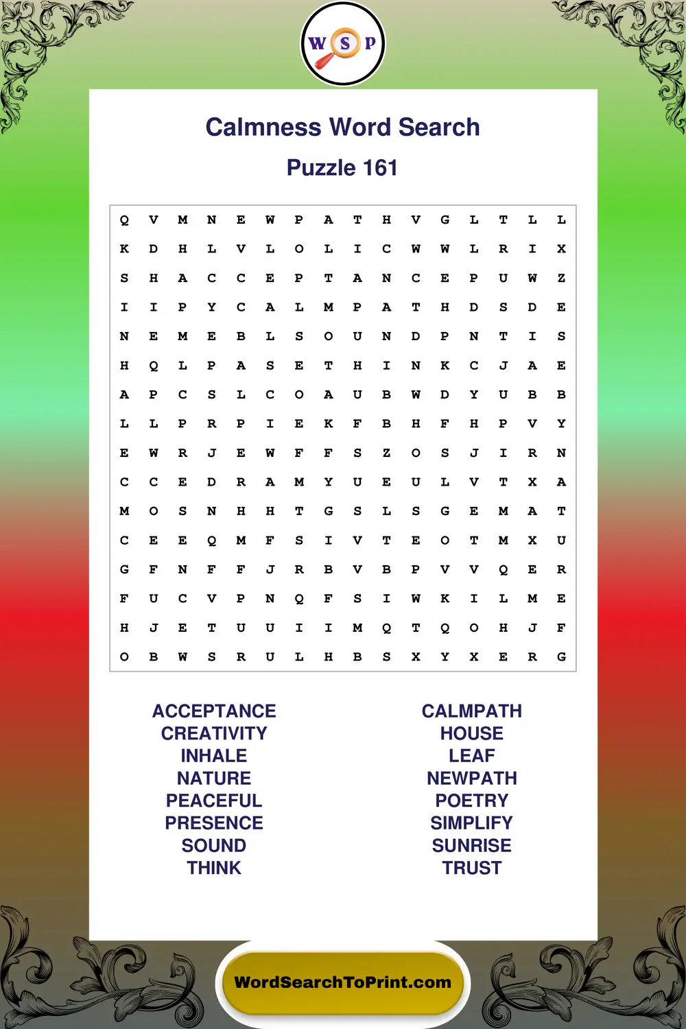 Calmness Word Search Puzzle 161