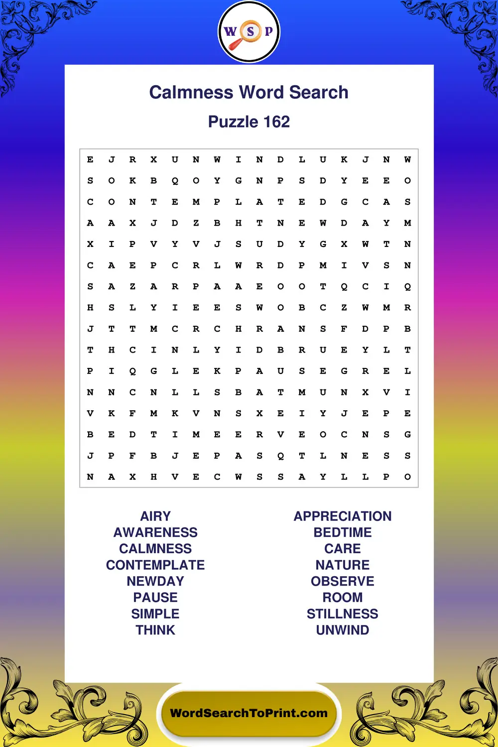 Calmness Word Search Puzzle 162