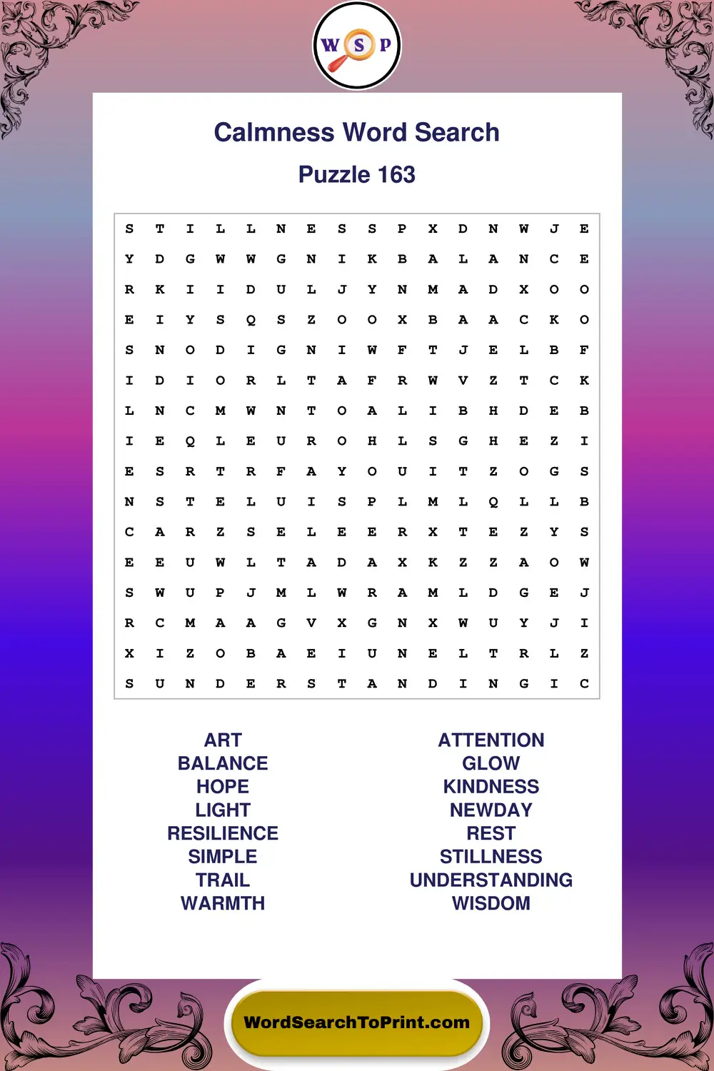 Calmness Word Search Puzzle 163