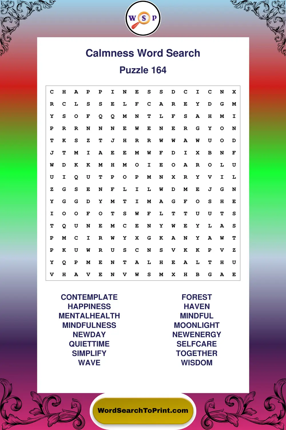 Calmness Word Search Puzzle 164