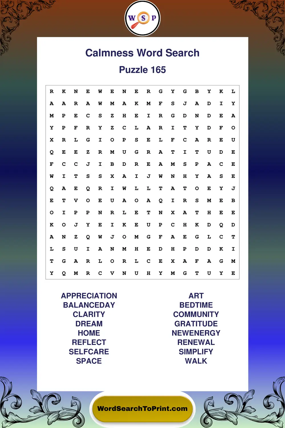 Calmness Word Search Puzzle 165