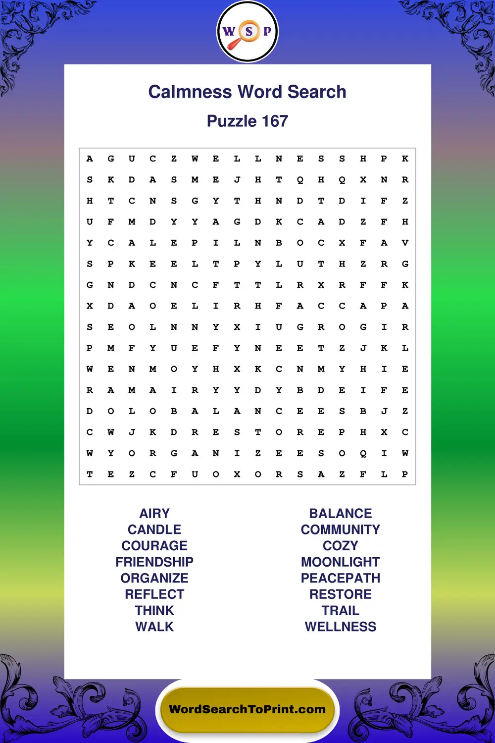 Calmness Word Search Puzzle 167