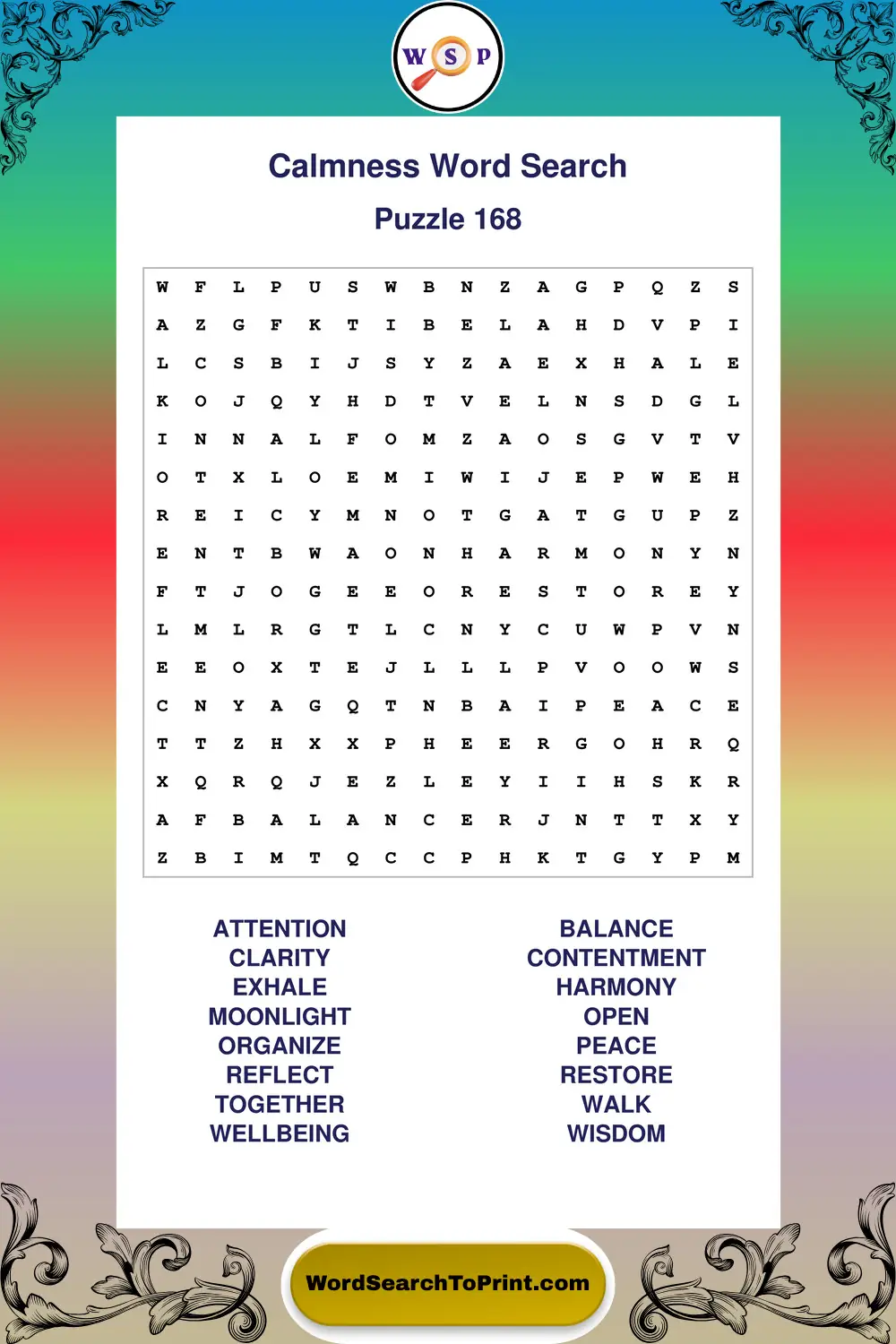 Calmness Word Search Puzzle 168