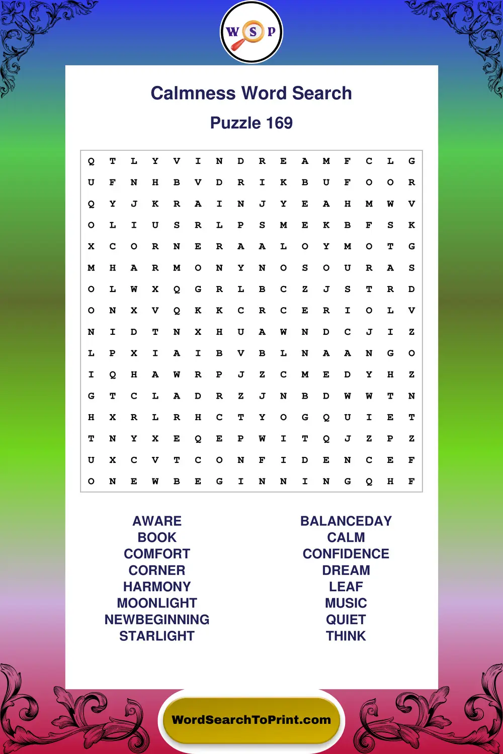 Calmness Word Search Puzzle 169