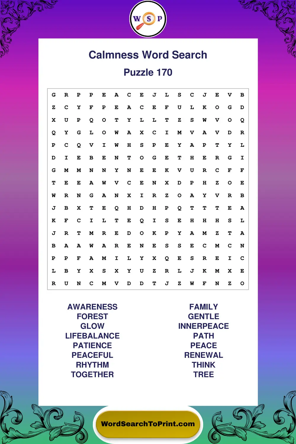 Calmness Word Search Puzzle 170