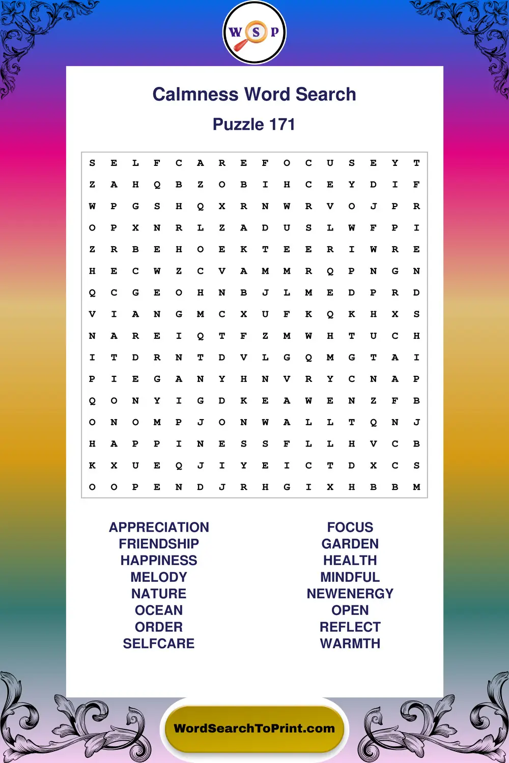 Calmness Word Search Puzzle 171