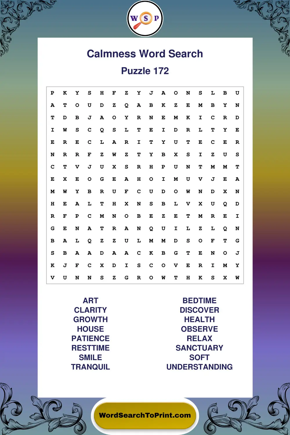 Calmness Word Search Puzzle 172