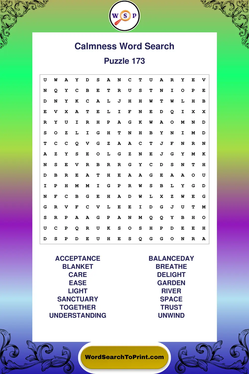 Calmness Word Search Puzzle 173