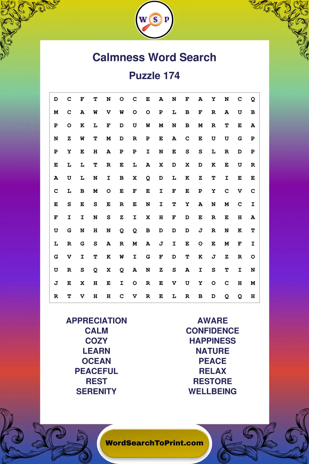 Calmness Word Search Puzzle 174