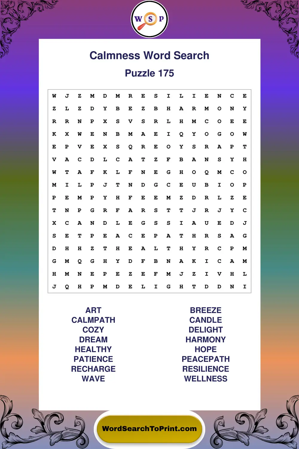 Calmness Word Search Puzzle 175