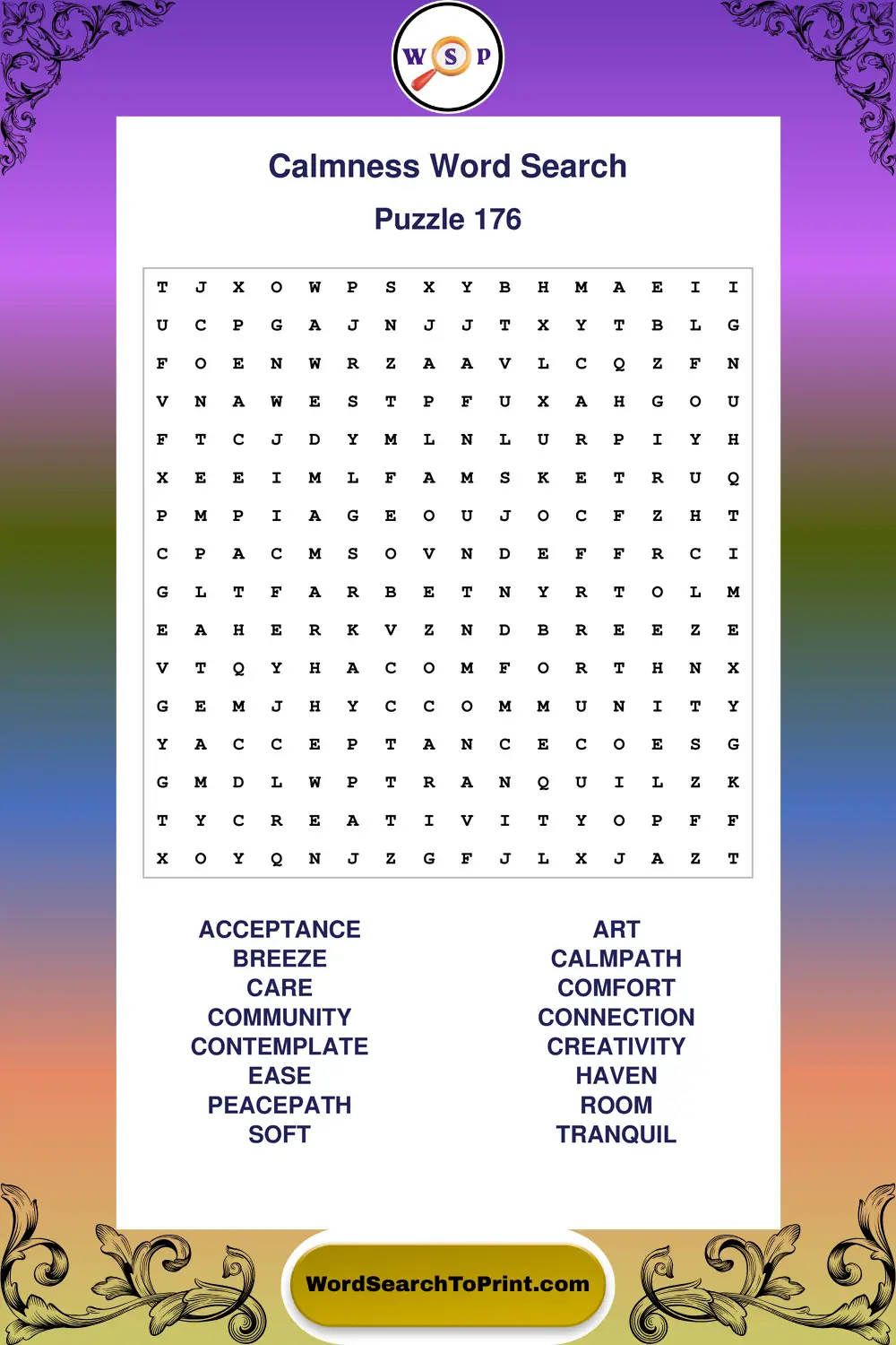 Calmness Word Search Puzzle 176