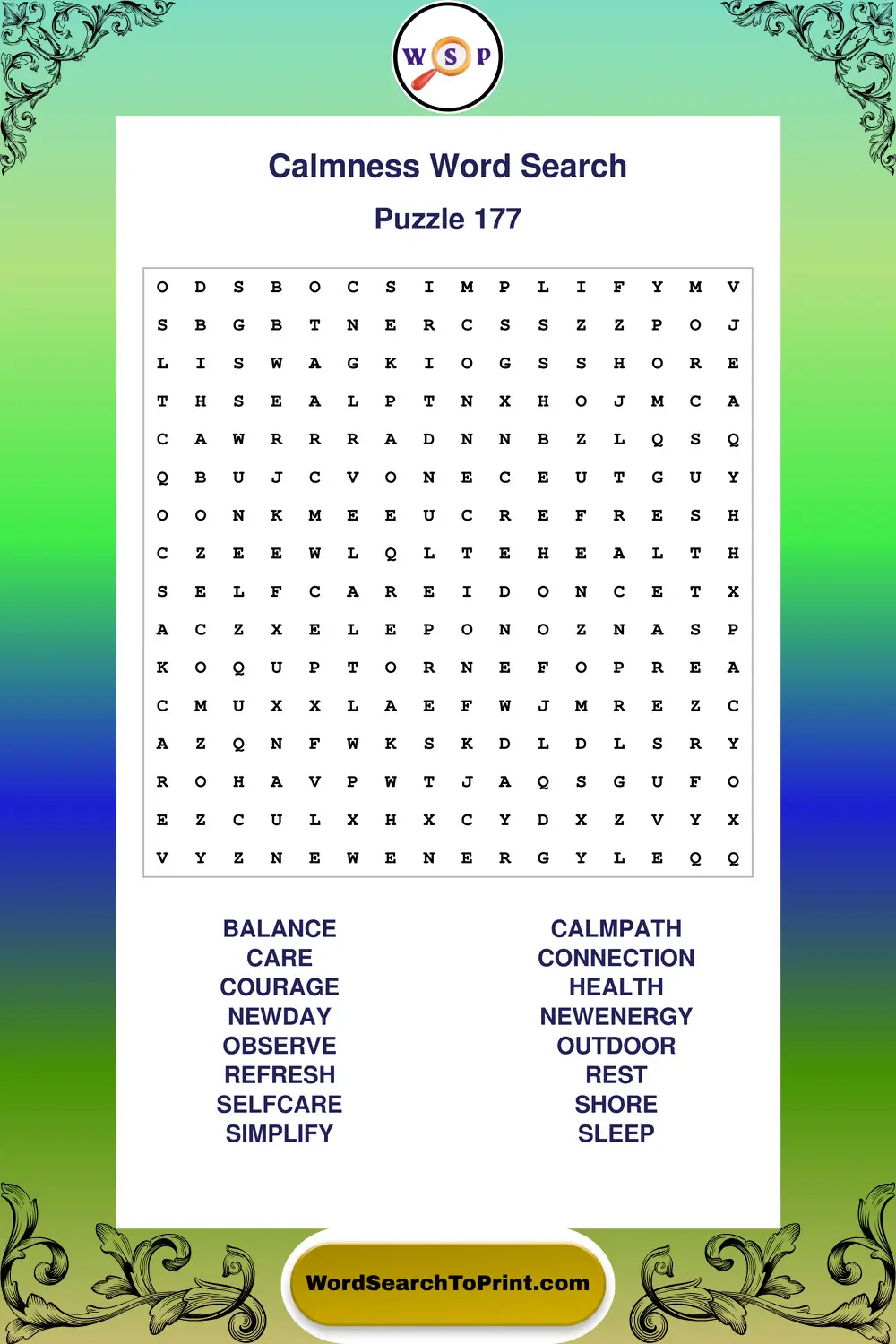 Calmness Word Search Puzzle 177