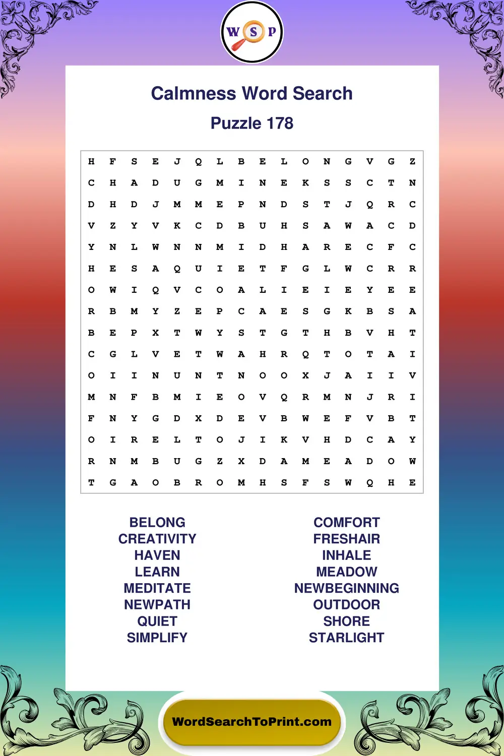 Calmness Word Search Puzzle 178