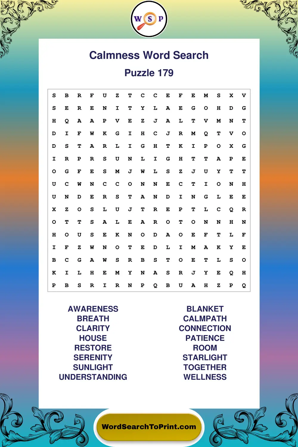 Calmness Word Search Puzzle 179