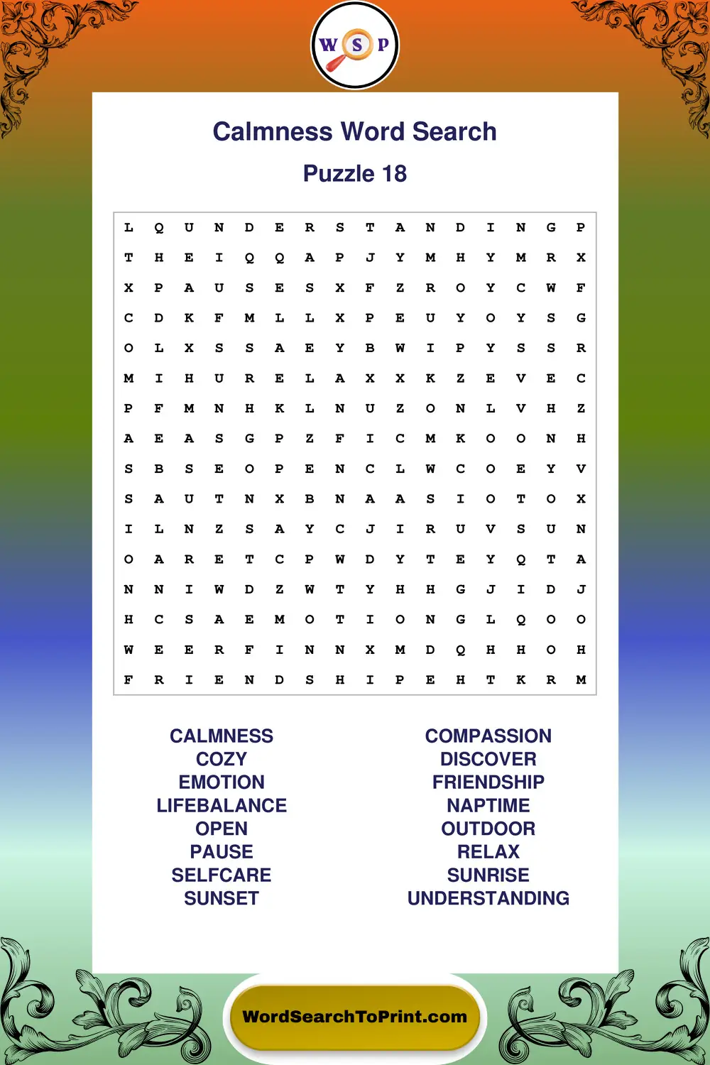 Calmness Word Search Puzzle 18