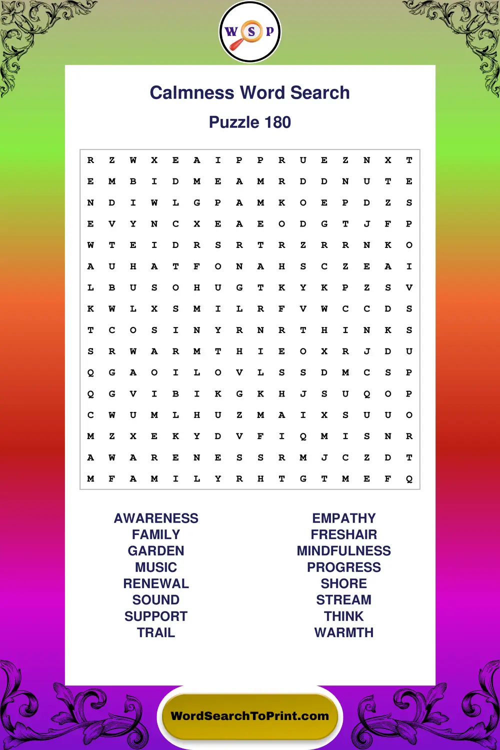 Calmness Word Search Puzzle 180