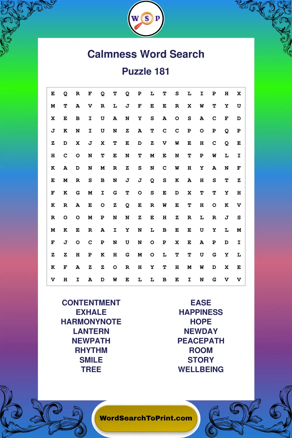 Calmness Word Search Puzzle 181
