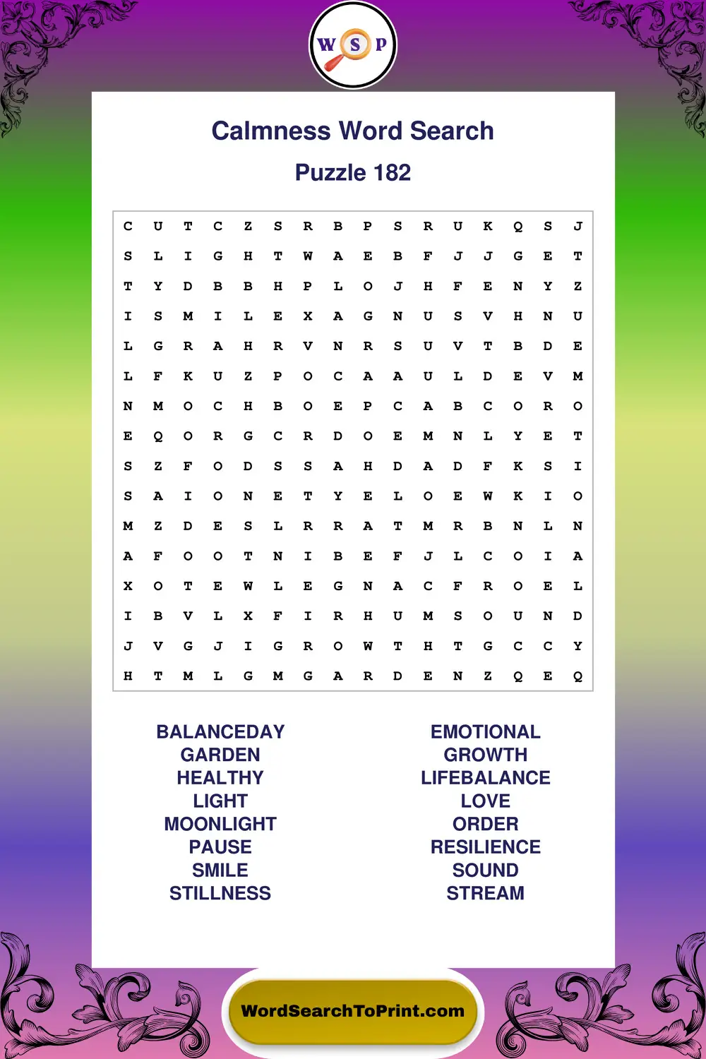 Calmness Word Search Puzzle 182