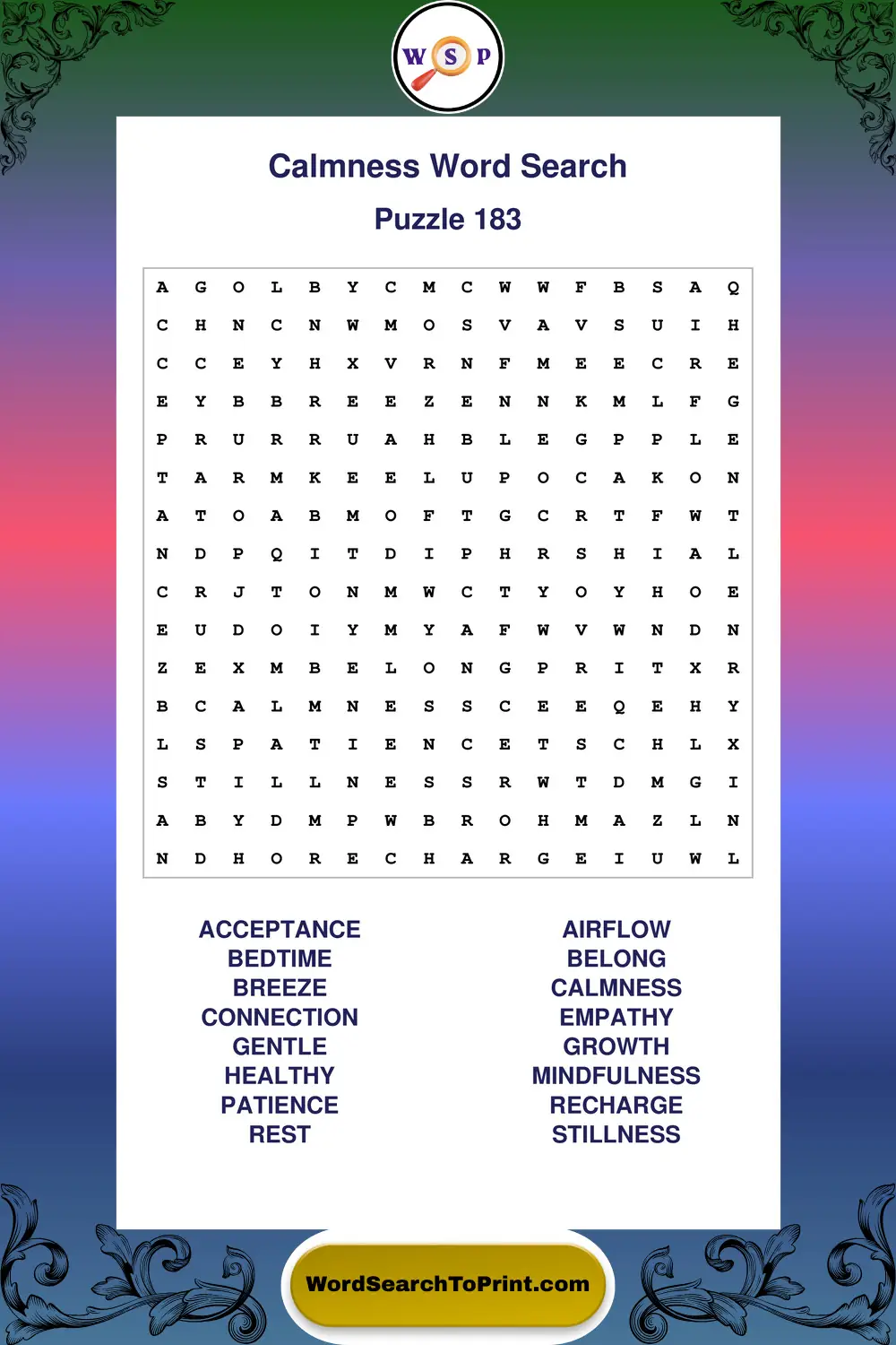 Calmness Word Search Puzzle 183