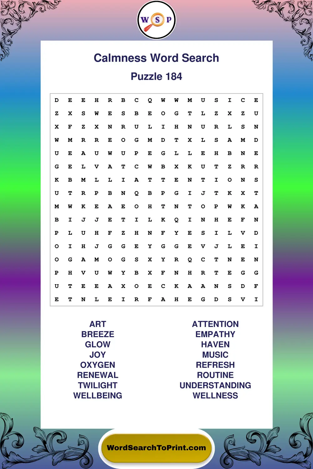 Calmness Word Search Puzzle 184