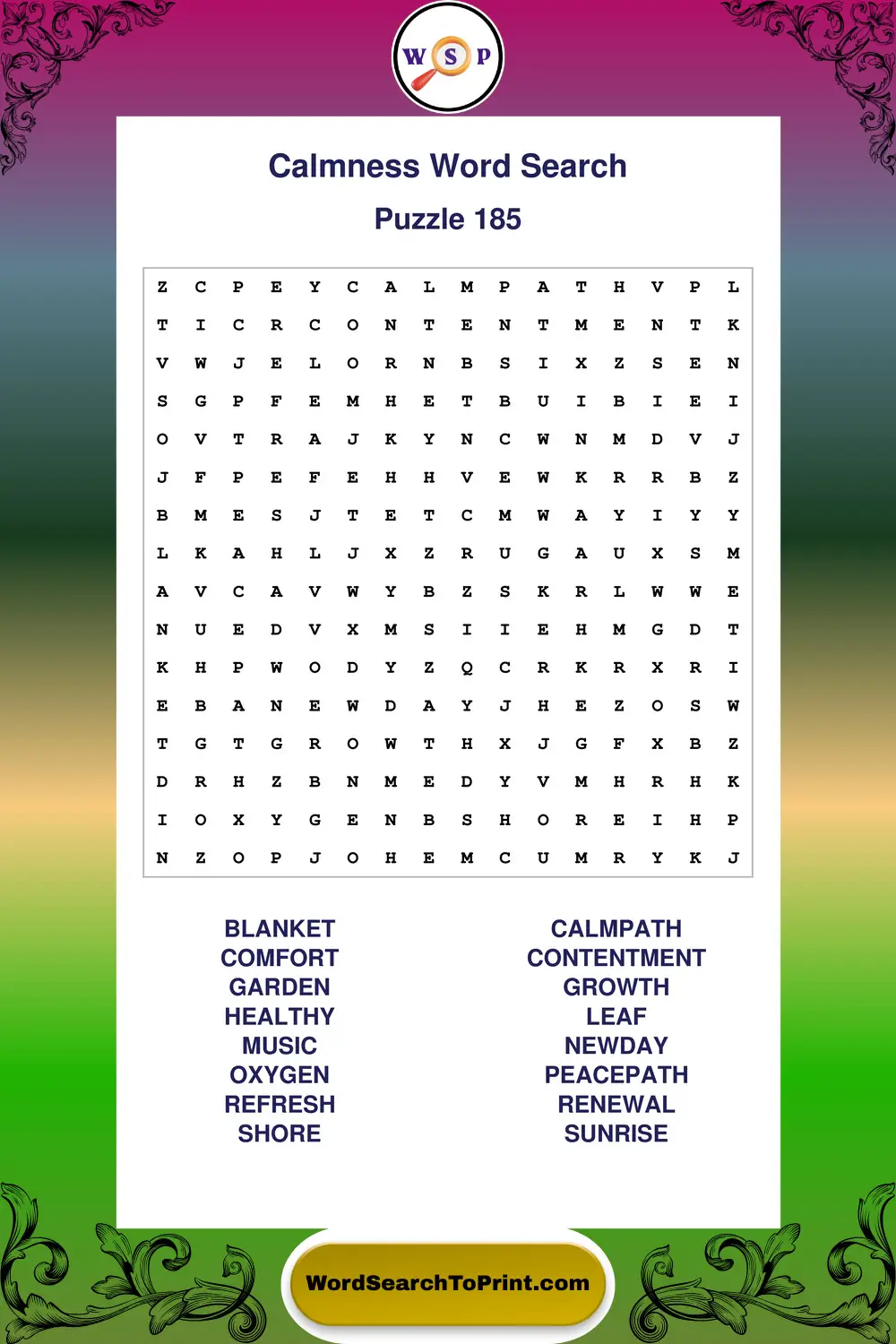 Calmness Word Search Puzzle 185