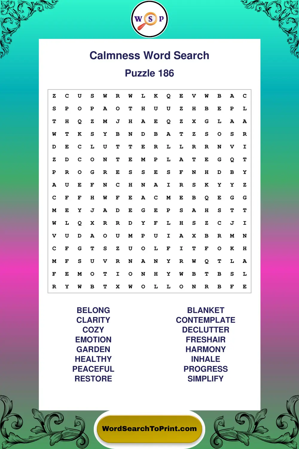 Calmness Word Search Puzzle 186
