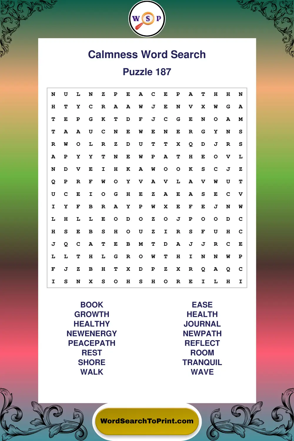 Calmness Word Search Puzzle 187