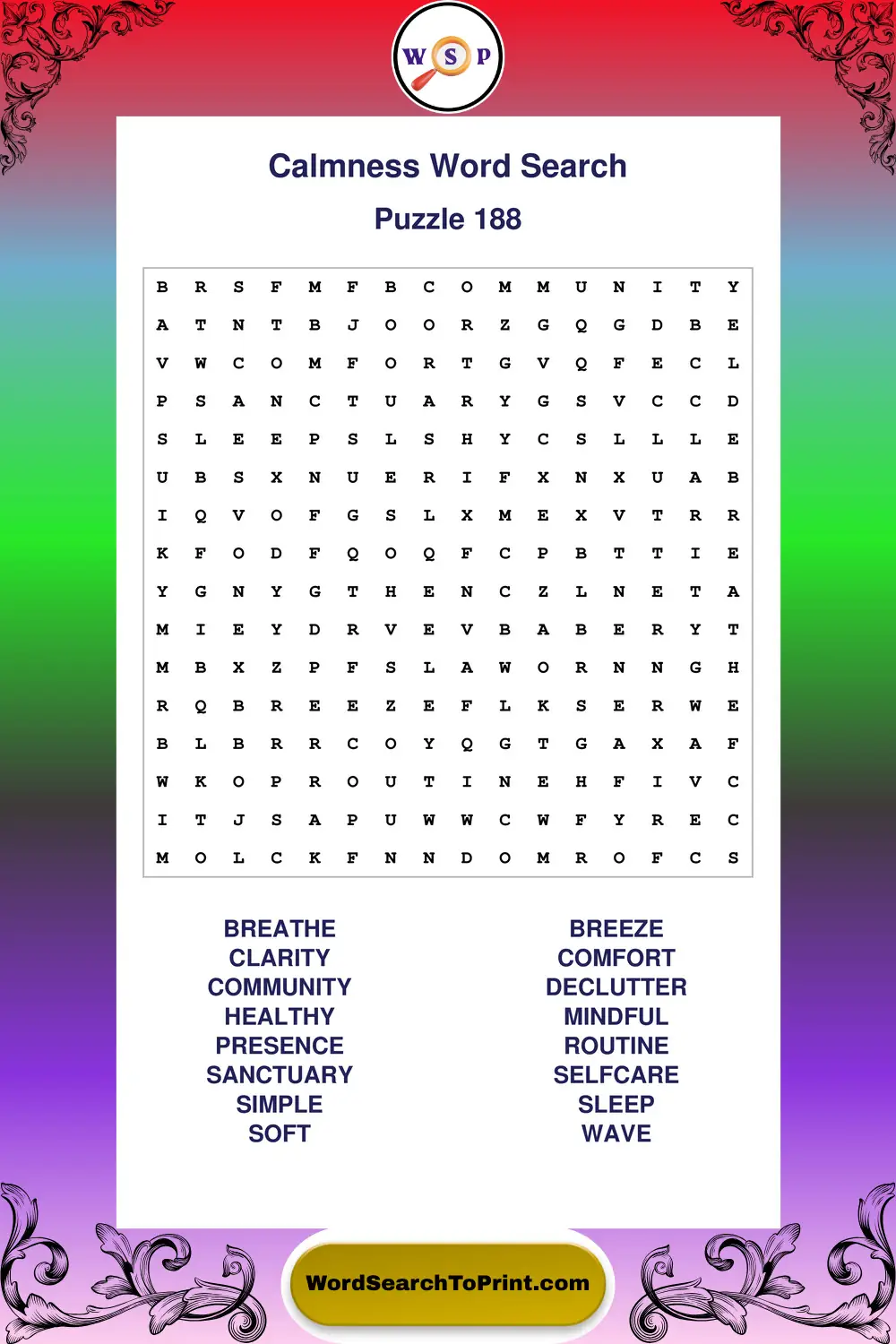 Calmness Word Search Puzzle 188