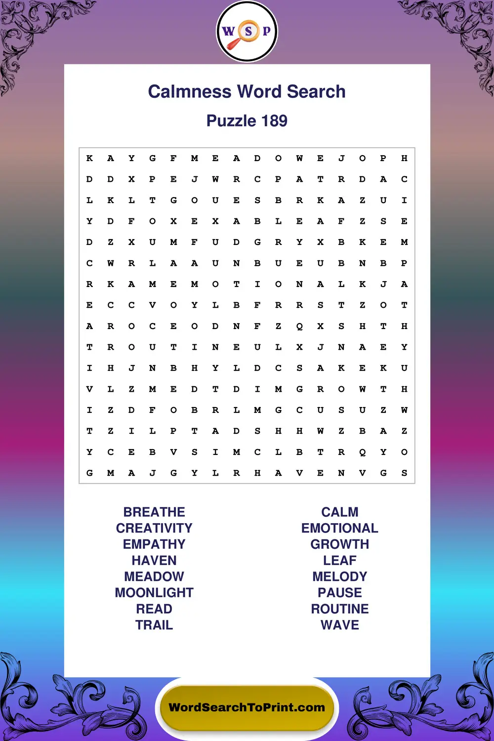 Calmness Word Search Puzzle 189