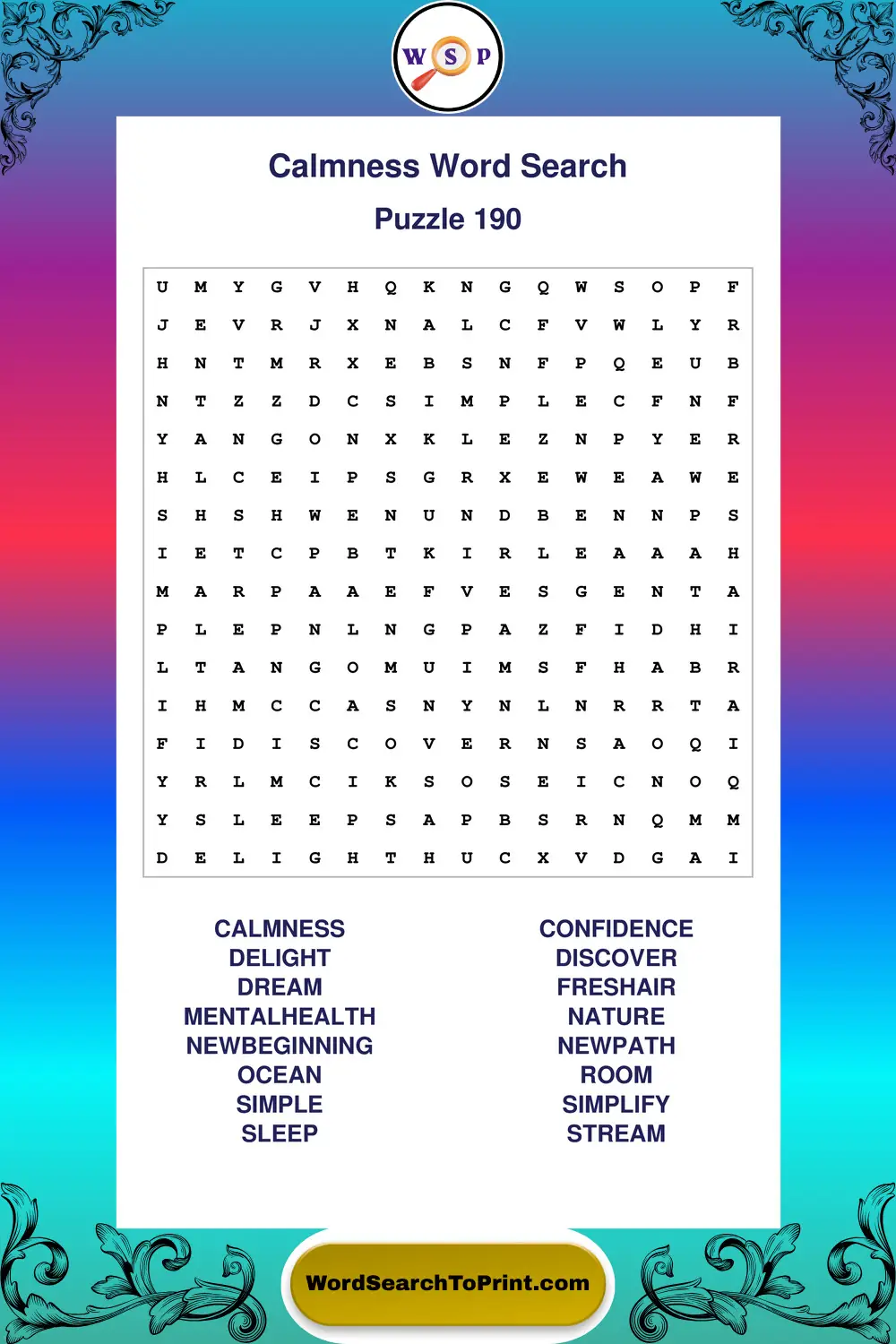 Calmness Word Search Puzzle 190