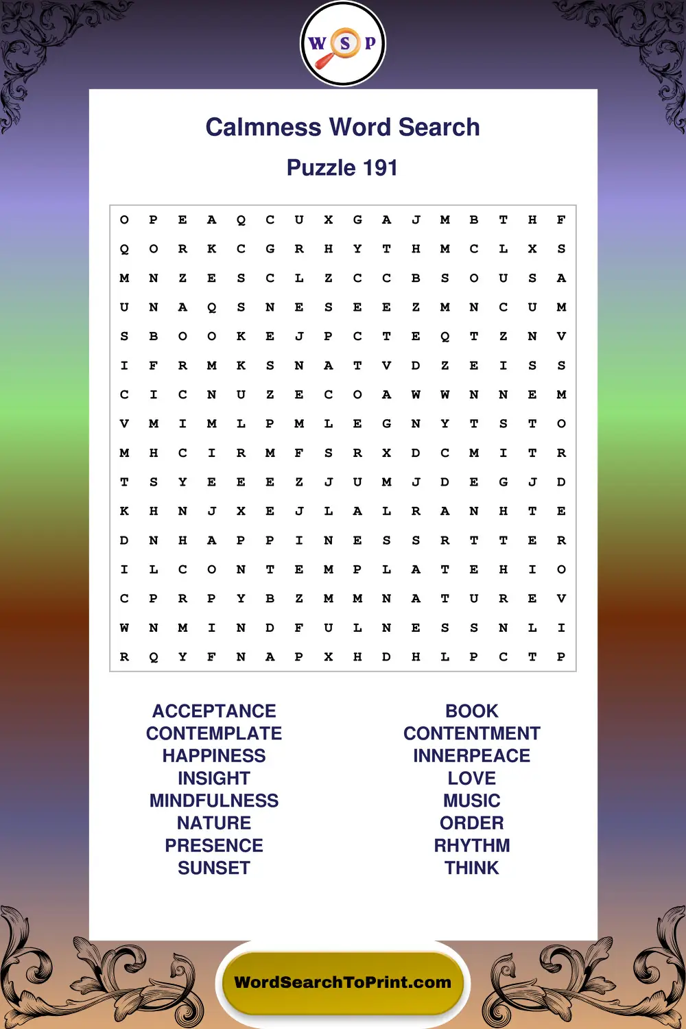 Calmness Word Search Puzzle 191