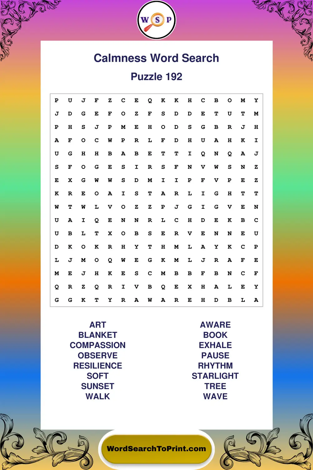 Calmness Word Search Puzzle 192