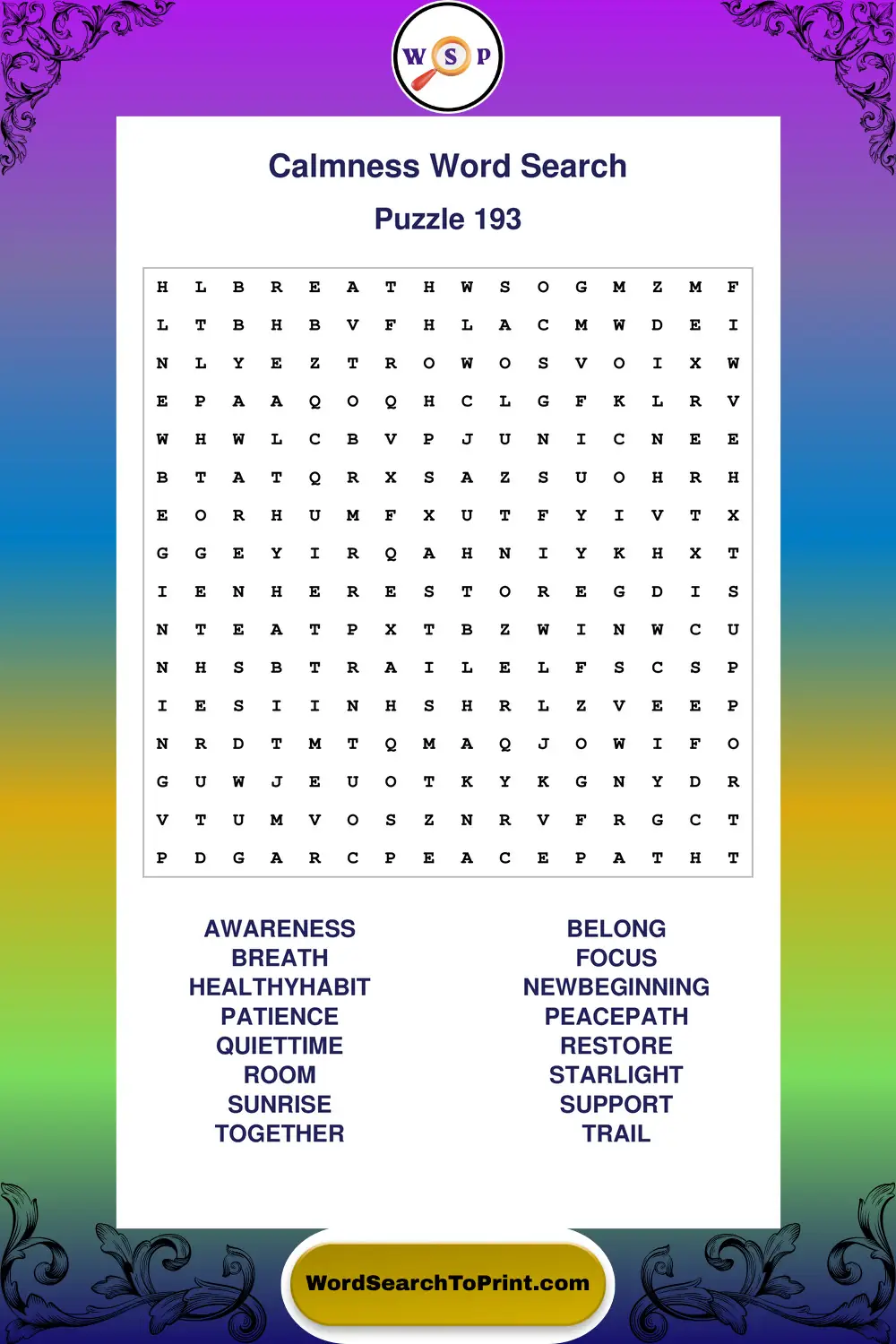 Calmness Word Search Puzzle 193