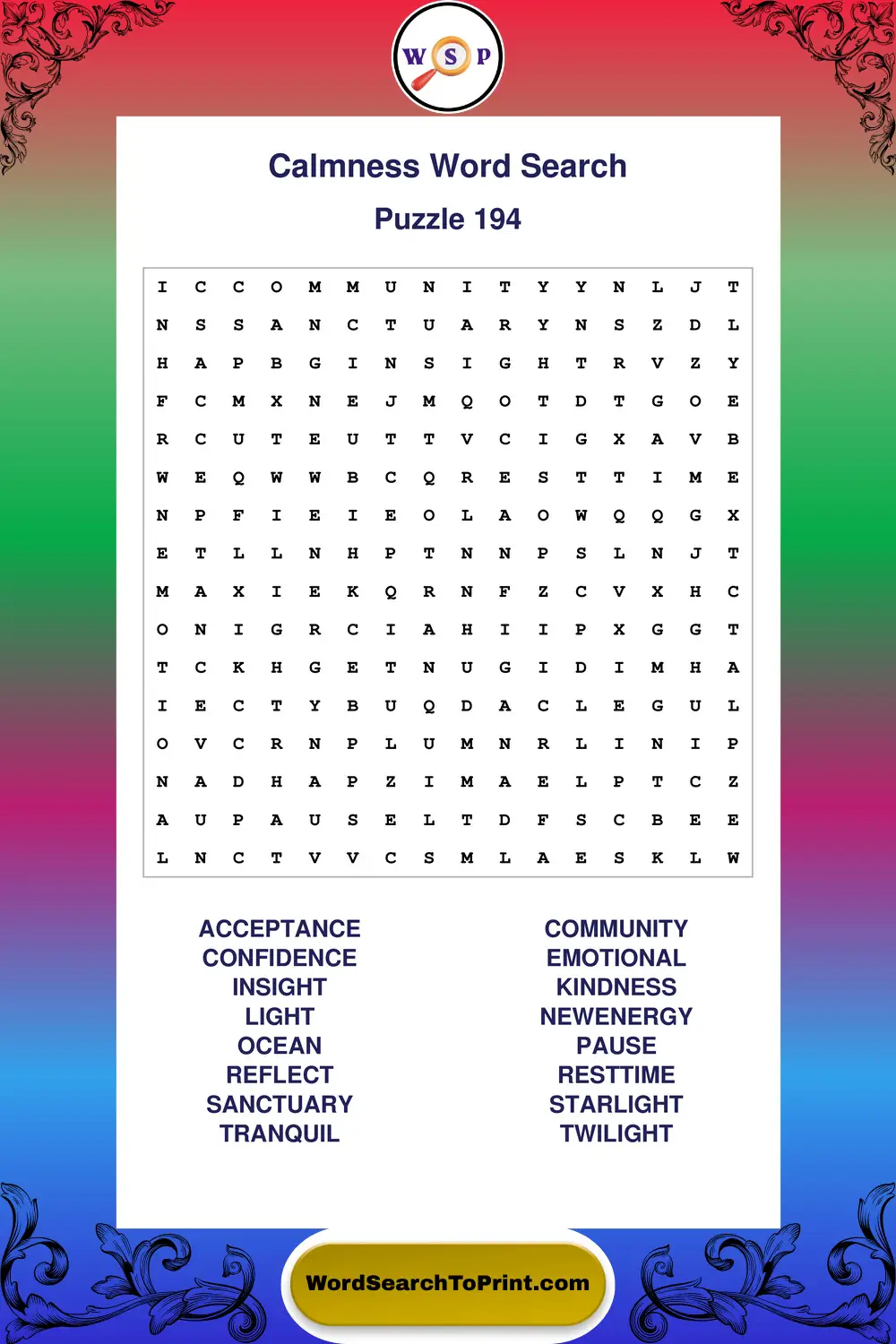 Calmness Word Search Puzzle 194