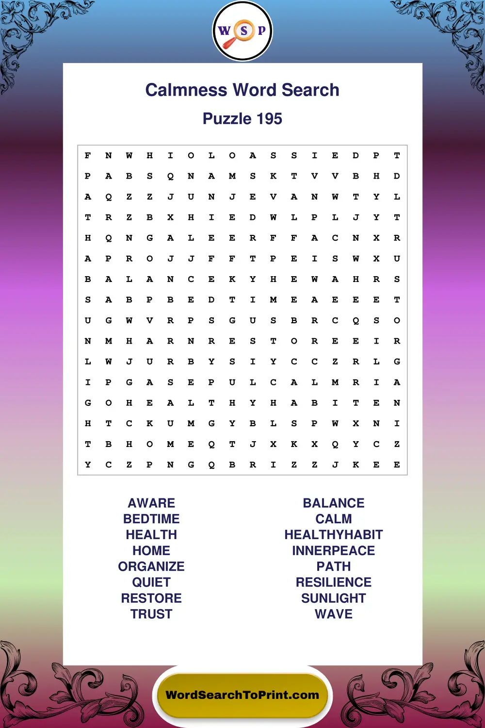 Calmness Word Search Puzzle 195
