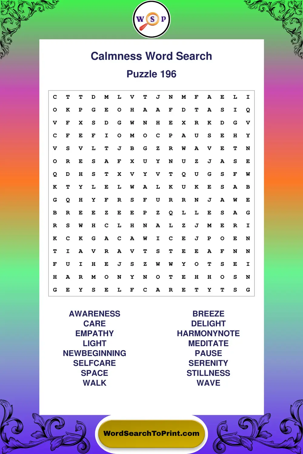 Calmness Word Search Puzzle 196