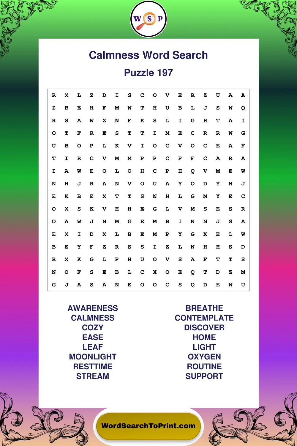 Calmness Word Search Puzzle 197