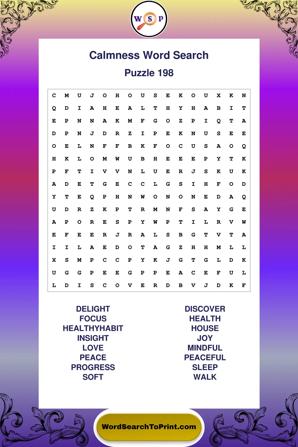 Calmness Word Search Puzzle 198