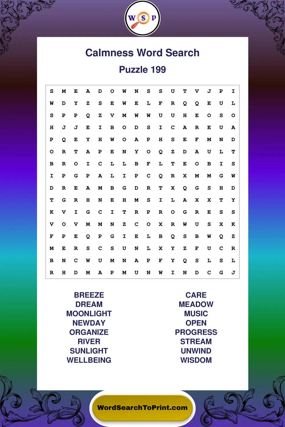 Calmness Word Search Puzzle 199
